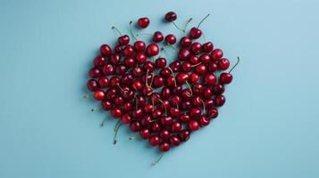 Heart shape made from ripe cherry fruits on a blue background. photo