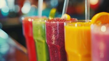 Health resort fresh juice bar, close-up of colorful smoothies, vibrant and fresh. photo