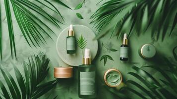 marca y embalaje presentación presentando un verde antecedentes y palma hoja a transmitir un natural protección de la piel belleza producto concepto. foto
