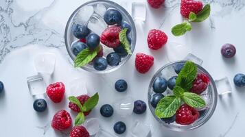 two glasses filled with blueberries and raspberries next to mint leaves and ice cubes on a marble surface. photo