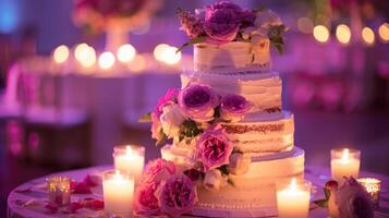 un Tres escalonado pastel con rosado flores en parte superior de un mesa con velas y flores en el lado de el pastel y en el otro lado de el pastel foto