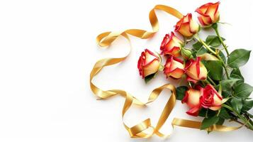 Bouquet of roses decorated with golden silky ribbon tie isolated on white background photo