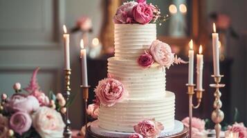 A three tiered cake with pink flowers on top of a table with candles and flowers on the side of the cake and on the other side of the cake photo