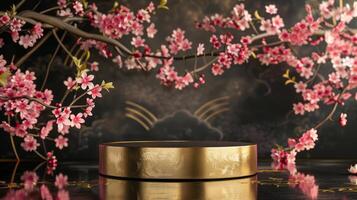 empty 3D cylinder pedestal display scene Japanese, Background full of plum and cherry blossom, Golden display podium on silk photo