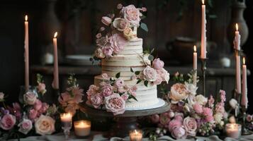 un Tres escalonado pastel con rosado flores en parte superior de un mesa con velas y flores en el lado de el pastel y en el otro lado de el pastel foto