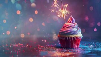 Delicious birthday cupcake with burning sparkler and space for text on soft neon background. photo