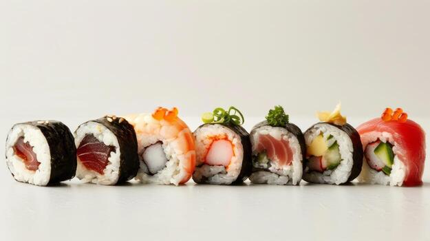 sabroso Sushi en un línea. foto