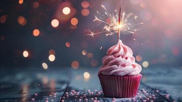 Delicious birthday cupcake with burning sparkler and space for text on soft neon background. photo