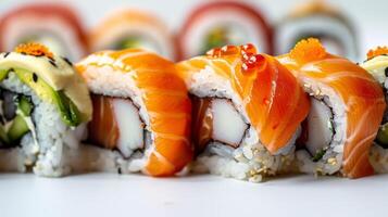 sabroso Sushi en un línea. foto