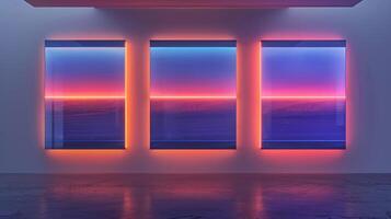 Triptych art featuring blue neon and gradient pink orange merging technology with art. photo