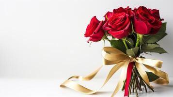 Bouquet of roses decorated with golden silky ribbon tie isolated on white background photo