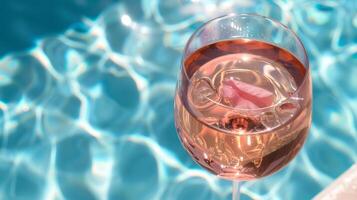 refrescante Rosa vino por el piscina en un soleado día. foto