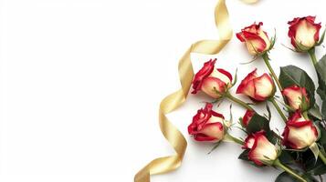 Bouquet of roses decorated with golden silky ribbon tie isolated on white background photo