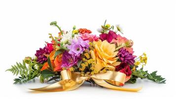 Bouquet of colorful flowers decorated with golden silky ribbon tie isolated on white background with copy space photo