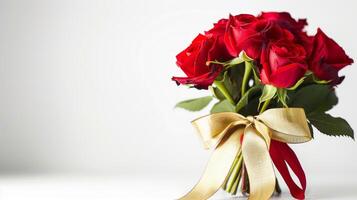 Bouquet of roses decorated with golden silky ribbon tie isolated on white background photo