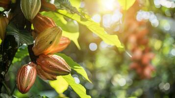 Macro view of a cocoa tree with fruit and leaves. photo