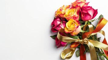 Bouquet of colorful roses decorated with golden silky ribbon tie isolated on white background photo