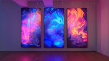 Triptych art featuring blue neon and gradient pink orange merging technology with art. photo