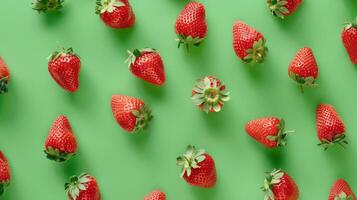 Fresh ripe strawberries on vibrant green background, top view, flat lay concept for summer fruits and healthy eating. photo