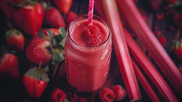 Strawberry rhubarb smoothie, strawberry smoothie, berry smoothie, healthy smoothie, smoothie in a mason jar photo