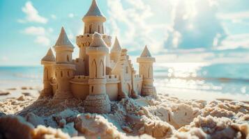 A sand castle on a sandy beach, perfect for summer concepts and travel destinations. photo