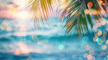 Beautiful beach of ocean, sea background. Palm leaves on tropical beach with bokeh sun light and splashes of waves. photo