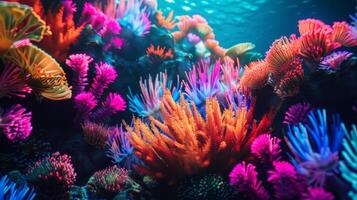 Underwater world, corals in the depths of the ocean. Sea flowers, underwater deep flora and fauna. Colorful neon corals. photo