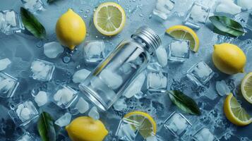 3D illustration of a covered tumbler bottle lying on an icy surface with ice cubes and lemon slices on either side photo