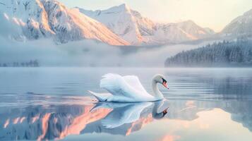 majestuoso cisne graciosamente deslizamiento en tranquilo agua con Nevado montaña rango en el antecedentes. foto