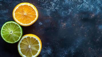 Sliced lemon and lime on a dark background, top view, selective. photo