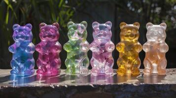 Colorful, translucent gummy bears figurine showcasing a radiant spectrum of hues photo