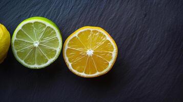 Sliced lemon and lime on a dark background, top view, selective photo