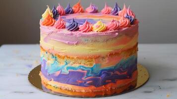 A vibrant birthday cake featuring layers of sponge and colorful buttercream frosting. photo
