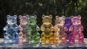 Colorful, translucent gummy bears figurine showcasing a radiant spectrum of hues photo