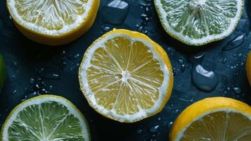 Sliced lemon and lime on a dark background, top view, selective photo