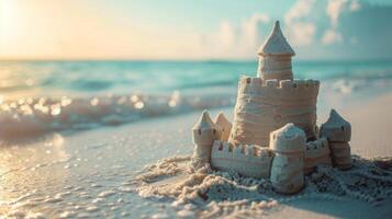 un arena castillo en un arenoso playa, Perfecto para verano conceptos y viaje destinos foto