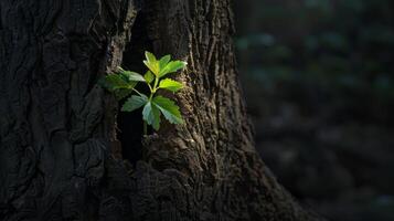 Young tree emerging from old tree, with copy space photo