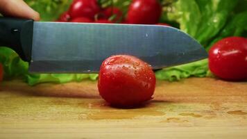 röd tomater på en gren. vatten droppar. närbild.löv av sallad. kniv video