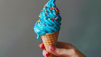 Hand Holding Blue Ice Cream Cone With Sprinkles photo