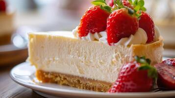 close up of a slice vanilla cheese cake moist with topping photo