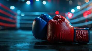 Red and blue gloves in boxing arena place for text photo