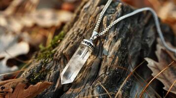 Silver Crystal Pendant Necklace in Natural Setting photo