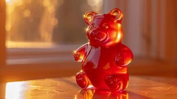 A shiny red gummy bear figurine bathed in sunlight with visible light streaks photo