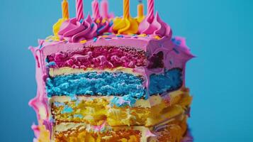 A vibrant birthday cake featuring layers of sponge and colorful buttercream frosting photo