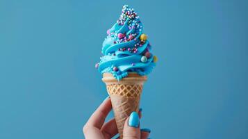 Hand Holding Blue Ice Cream Cone With Sprinkles photo