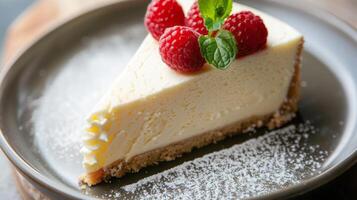 close up of a slice vanilla cheese cake moist with topping photo