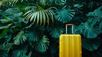 A luggage yellow suitcase stands against green exotic tropical plants wall. Travel and tropical vacation concept photo