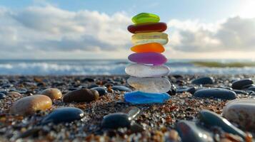 Stack of colorful sea glass pebbles on beach symbolizing balance and calm photo