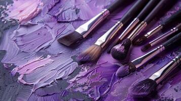 A collection of brushes set on a palette with shimmering violet paint photo