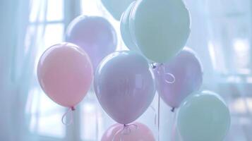 A cluster of pastel-colored balloons in a light and airy setting, depicting celebration and joy photo